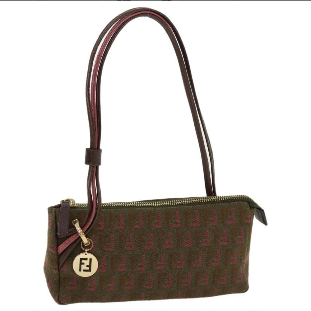 FENDI Zucchino Canvas Shoulder Bag Khaki Pink ~ AUTHENTIC